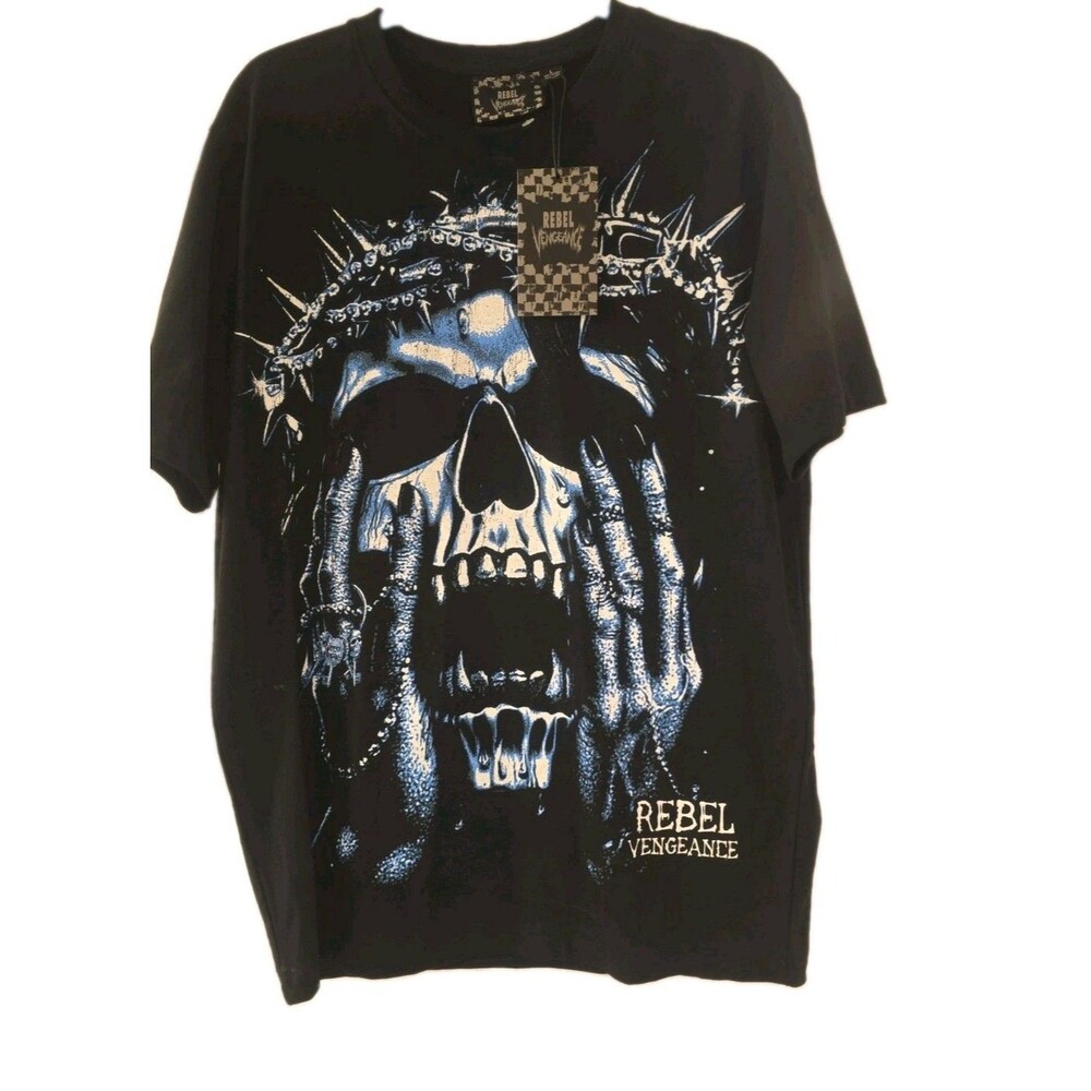 Rebel Vengeance Skull Graphic T-Shirt Black Blue World Tour NWT Men's Size L